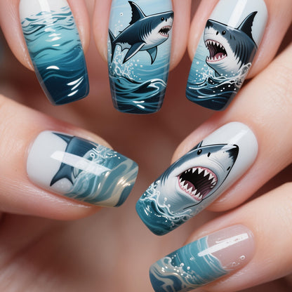 Shark-Inspired Artistic Gel Nail Art Acalora