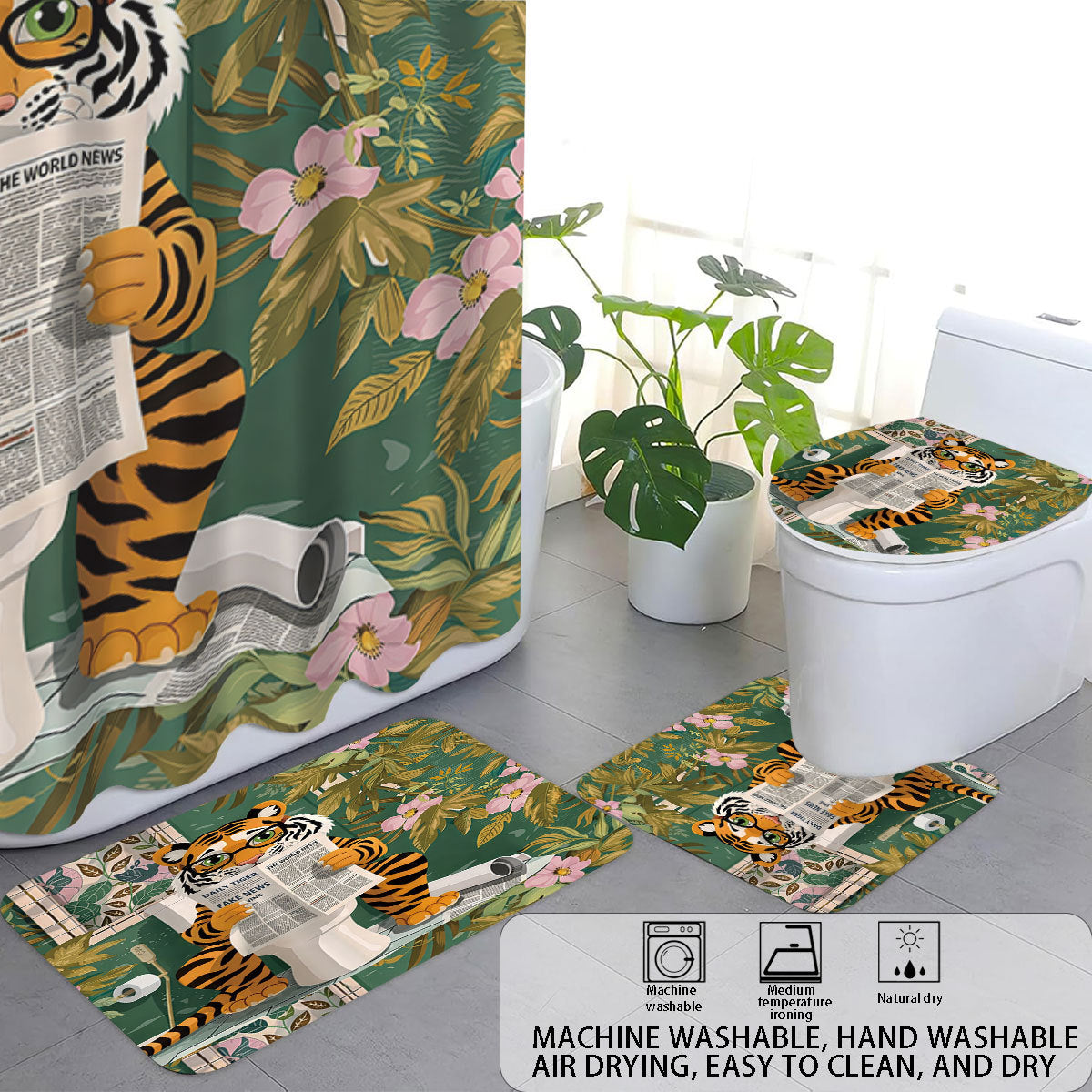 Artistic High-Definition Leopard and Rose-Themed Bathroom Décor Set