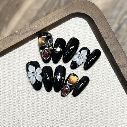 Decorative Press-On Nail Art Set with Floral and Crystal Accents Acalora