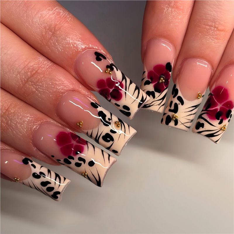 Floral and Animal Print Press-On Nail Art Acalora