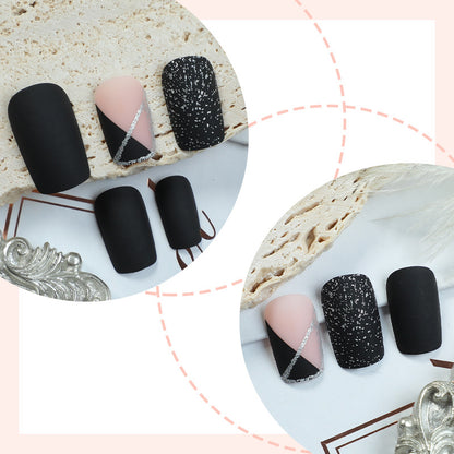 Matte Finish Press-On Nail Set with Glamorous Black and Sparkly Designs Acalora