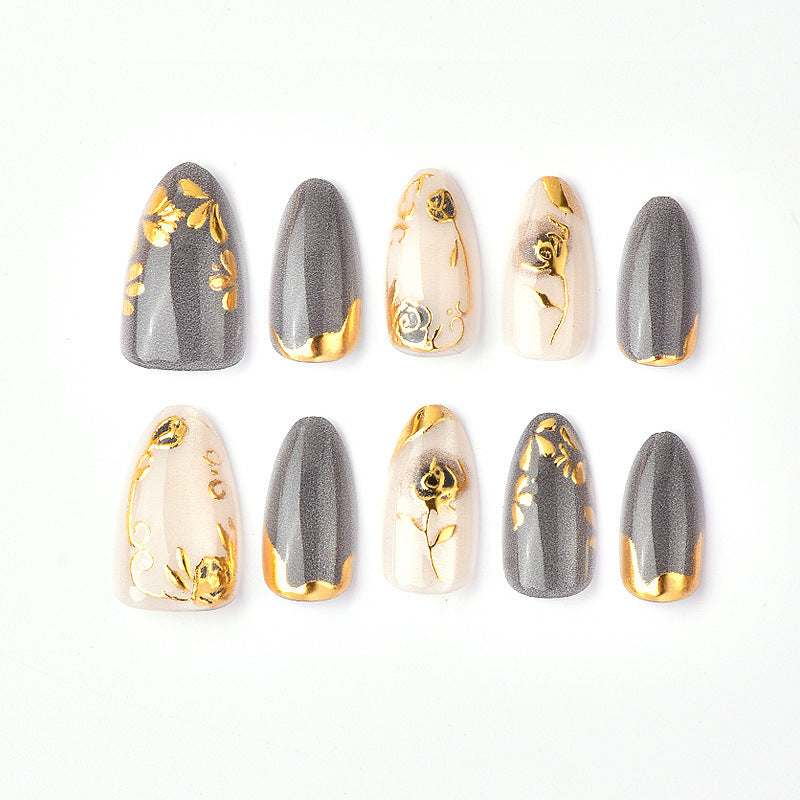 Artificial Nail Set with Elegant Rose Design and Gold Accents Acalora