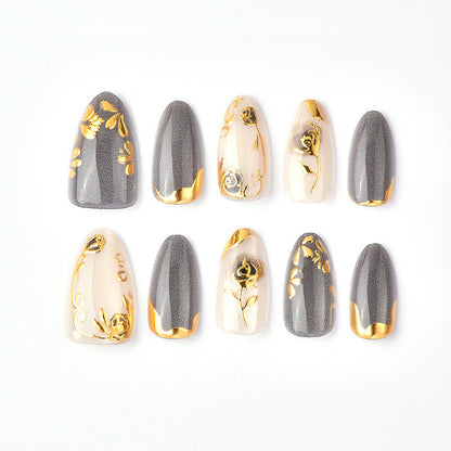 Artificial Nail Set with Elegant Rose Design and Gold Accents Acalora