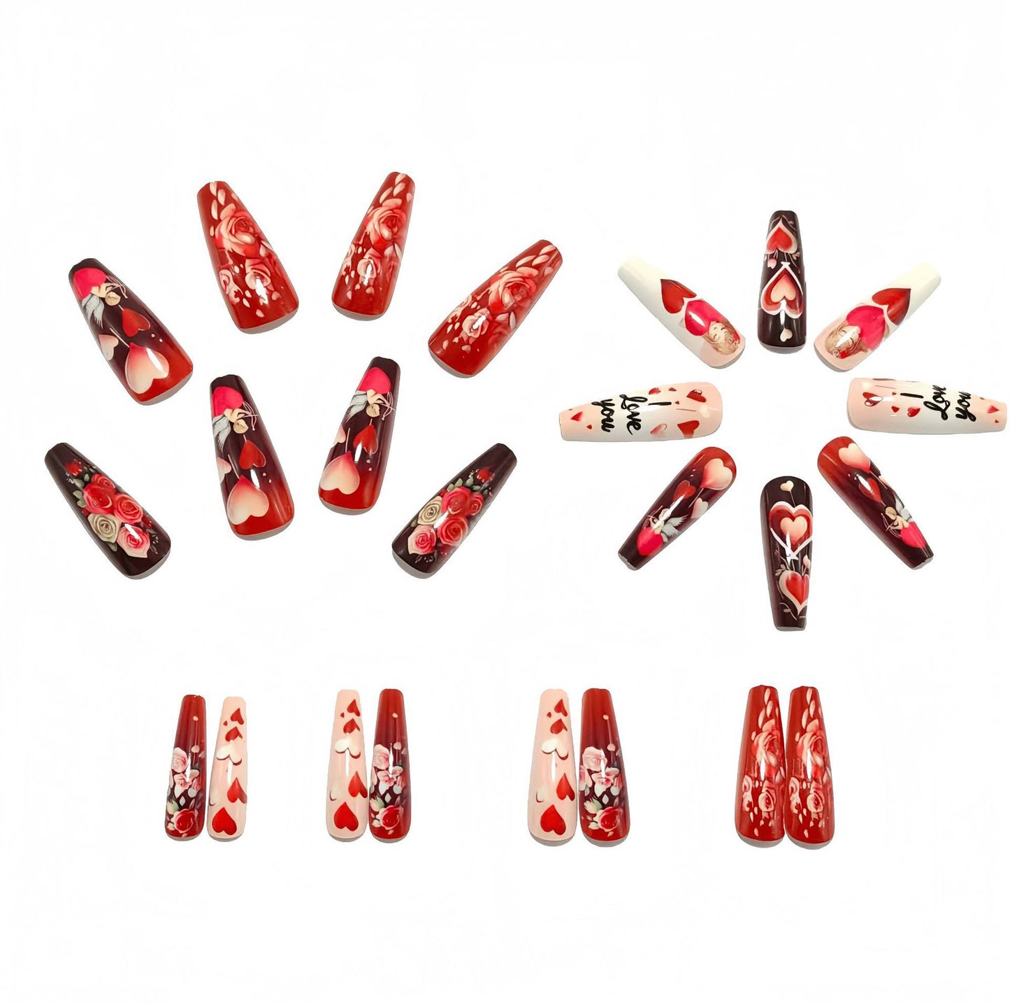 Artificial nails with loving heart and rose designs Acalora
