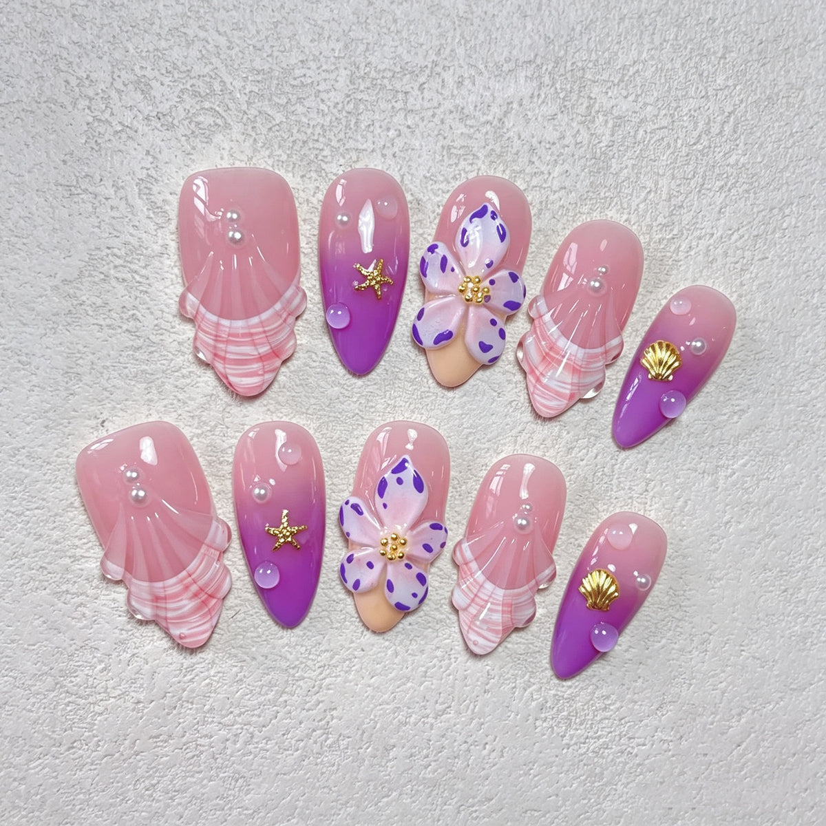 Decorative Press-On Nail Art Set with Floral and Ocean Themes Acalora