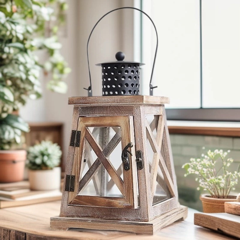 Vintage Farmhouse Glass-Panel Tapered Wooden Lantern with Perforated Metal Chimney Acalora