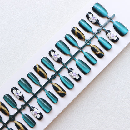 Elegant Press-On Nail Set with Floral Embellishments Acalora