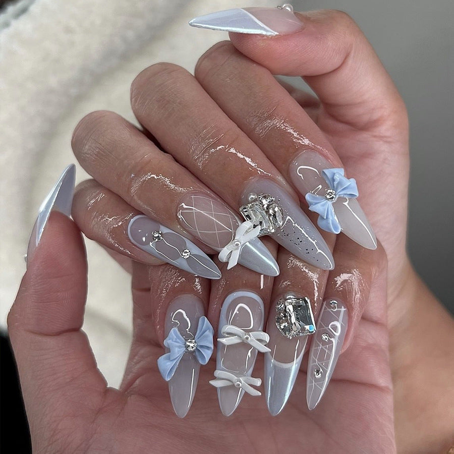 Decorative Press-On Nail Art Set with Unique Gem and Bow Accents Acalora