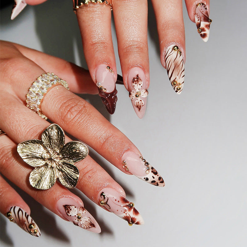 Artistic Press-On Nail Set with Floral and Animal Print Designs Acalora