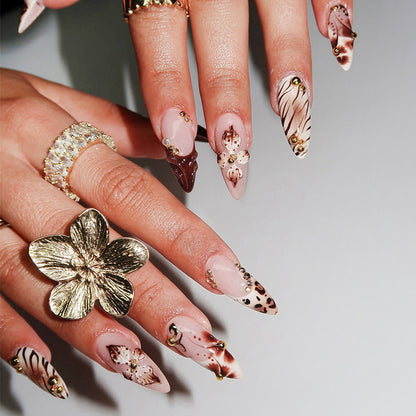 Artistic Press-On Nail Set with Floral and Animal Print Designs Acalora