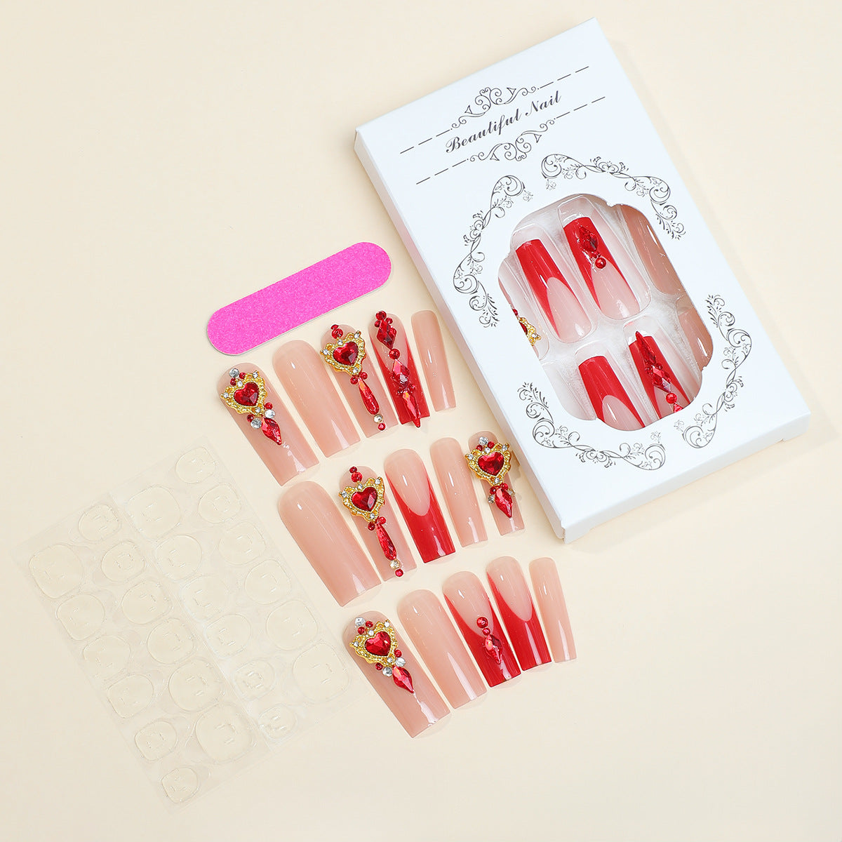 Decorative Nail Art Press-On Kit with Heart and Gem Embellishments Acalora