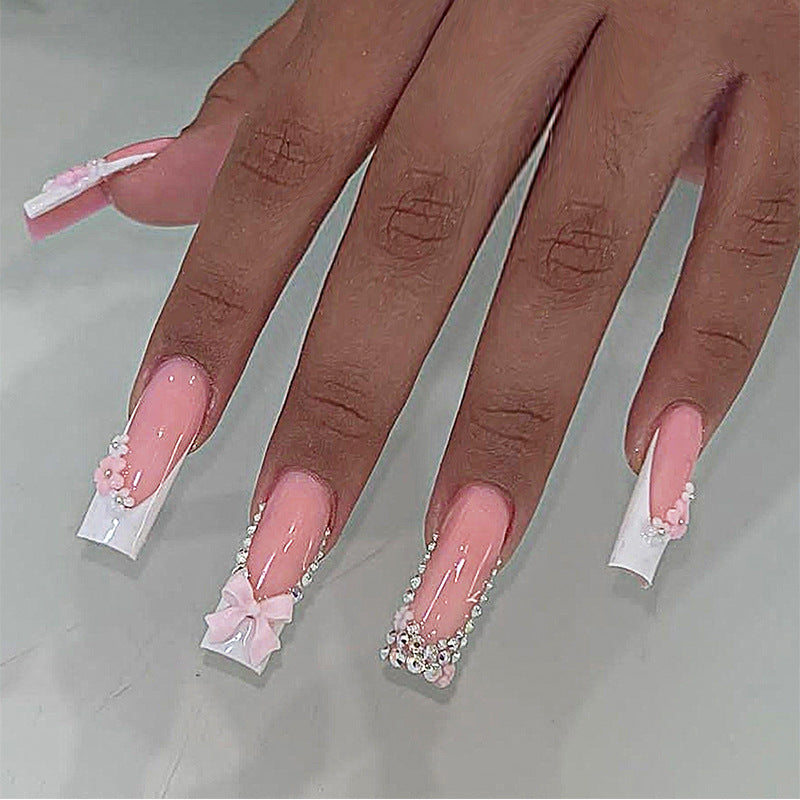 Decorative Press-On Nail Set with Elegant Floral and Gem Accents Acalora