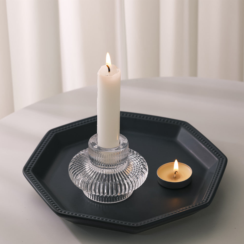 Ribbed Textured Glass Tealight Candle Holder with Flared Collar Acalora