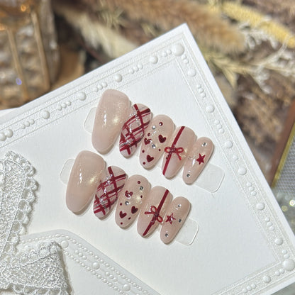 Romantic Themed Press-On Nail Set with Heart and Bow Accents Acalora