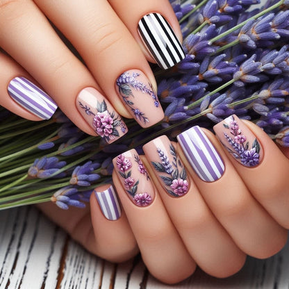Artificial nails with floral and striped designs Acalora