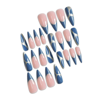 Artistic Stiletto Press-On Nail Design with Metallic Trim Acalora