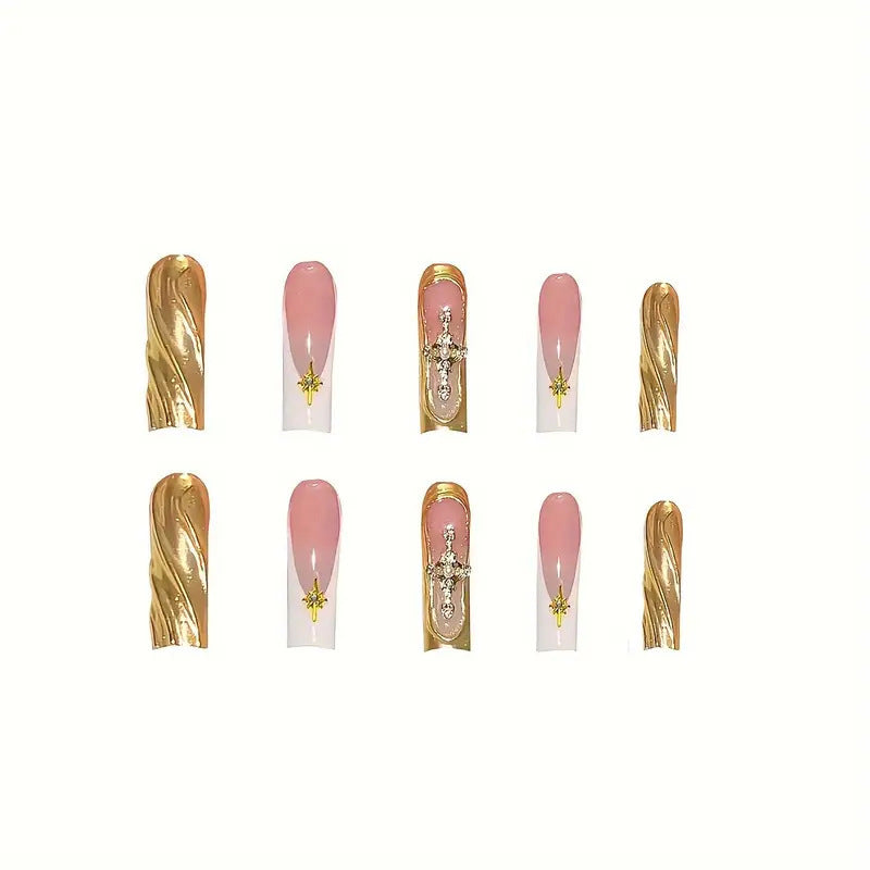 Elegant Press-On Nail Art with Gold Accents Acalora