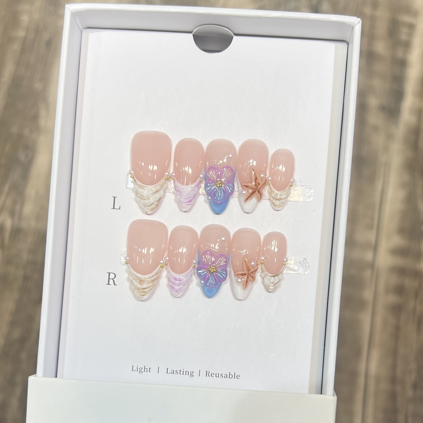 Artistic Press-On Nail Art Set with Floral and Starfish Design Acalora