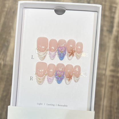 Artistic Press-On Nail Art Set with Floral and Starfish Design Acalora