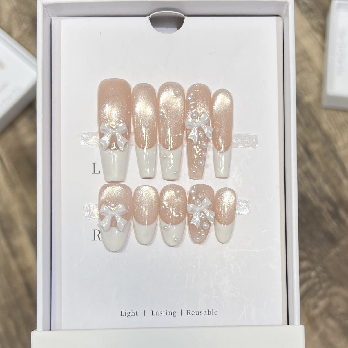 Decorative Long Press-On Nail Set with Bow and Pearl Accents Acalora