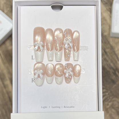 Decorative Long Press-On Nail Set with Bow and Pearl Accents Acalora