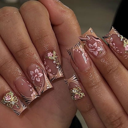 Artistic Press-On Nails with Floral and Gemstone Accents Acalora