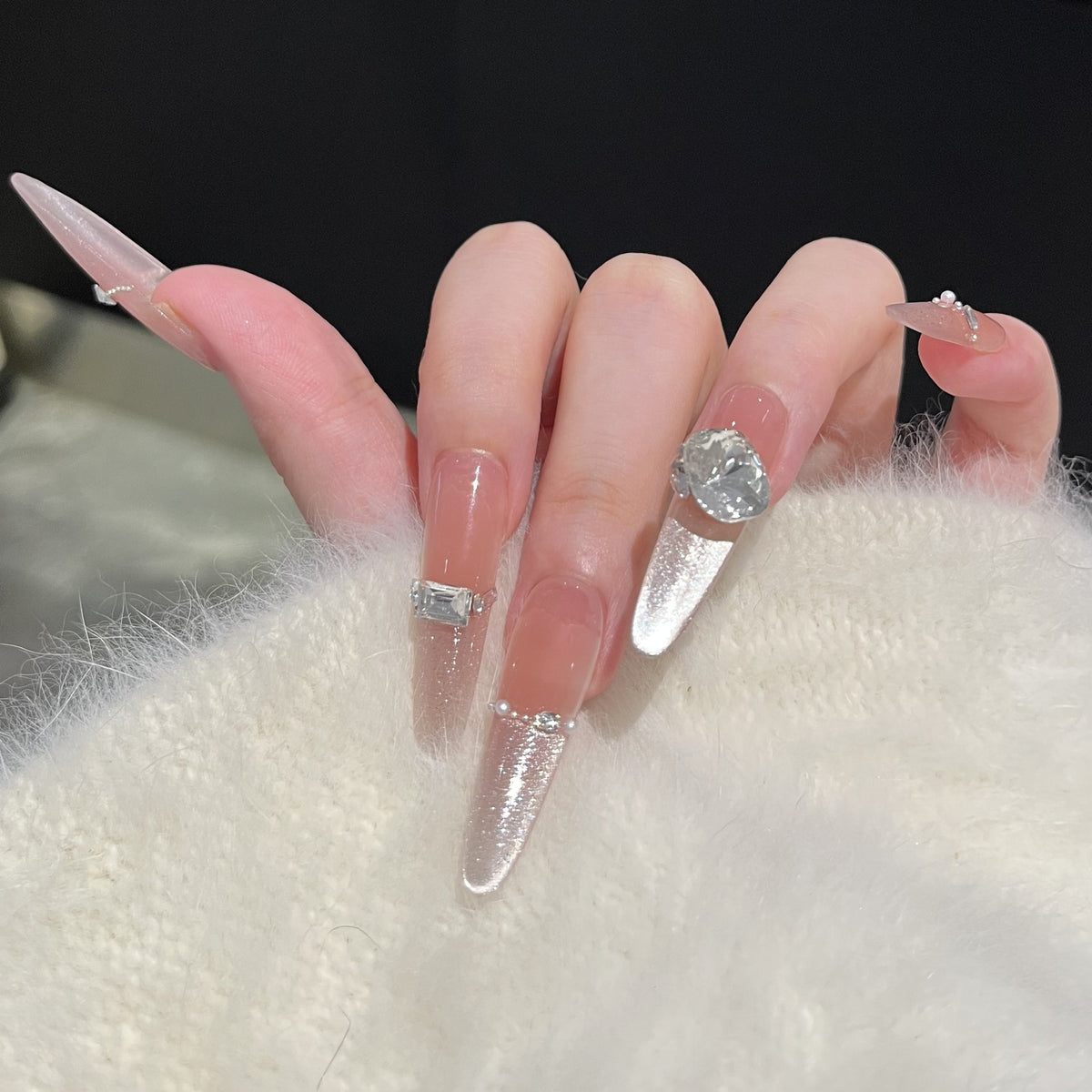 Decorative Stiletto Press-On Nail Art Set with Rhinestone Details Acalora