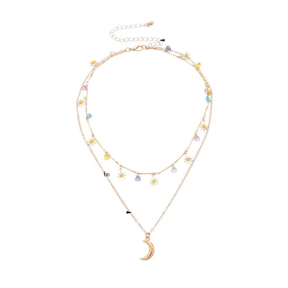Layered Moon and Daisy Pendant Necklace Acalora