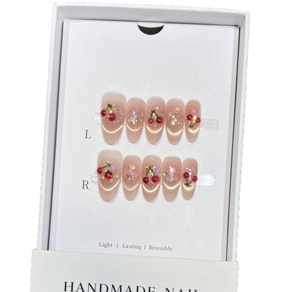Handmade Cherry-Embossed Press-On Nail Set Acalora