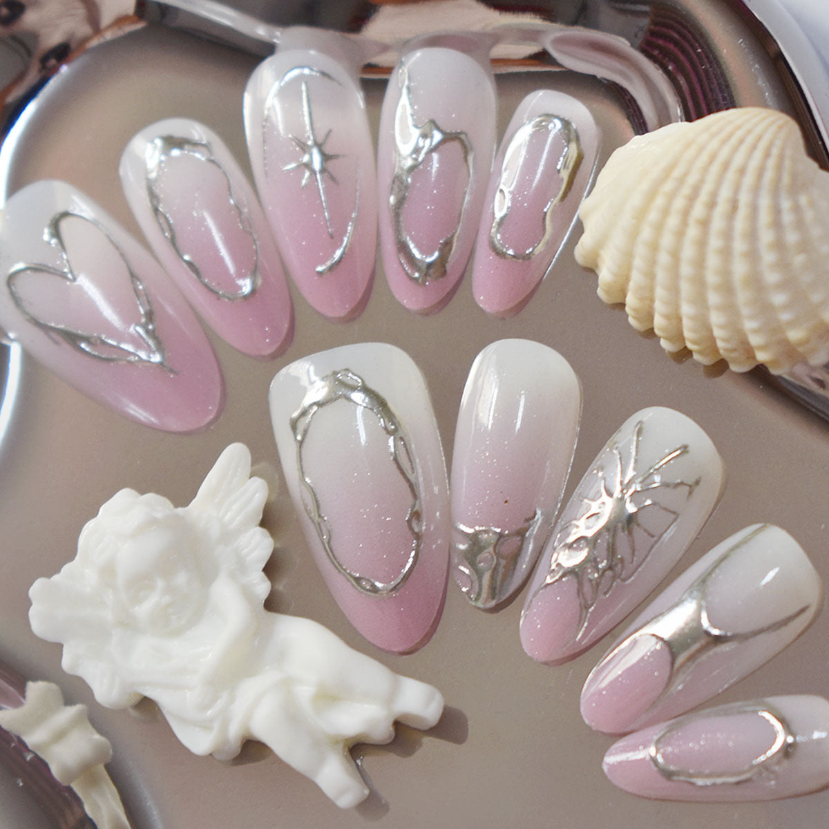 Elegant Artistic Stiletto Press-On Nails with Silver Accents Acalora