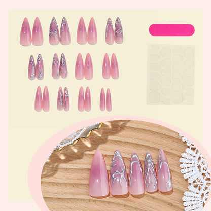 Artistic Press-On Nail Set with Decorative Marble and Glossy Accents Acalora