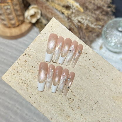 Elegant Press-On Nail Set with Floral and Gemstone Accents Acalora