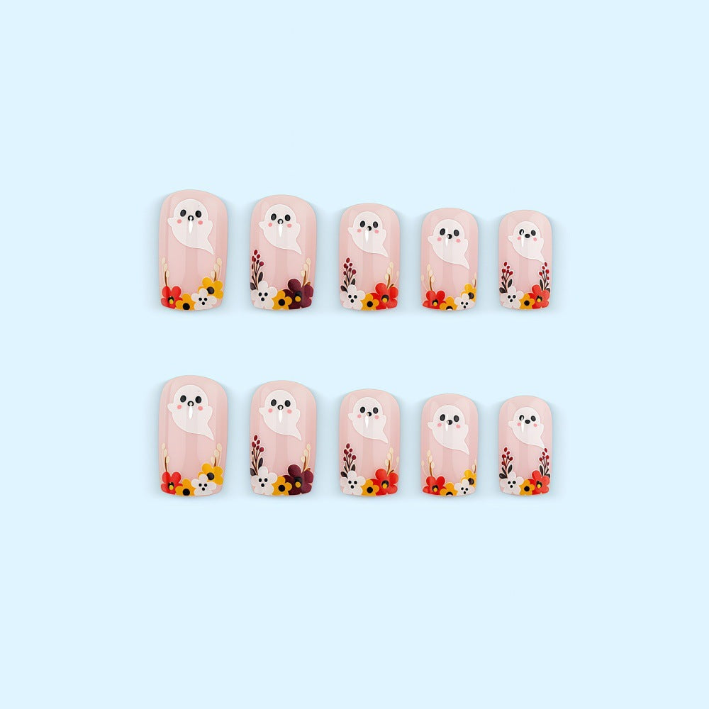 Artificial nails with ghost motif and flower accents Acalora
