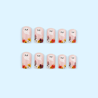 Artificial nails with ghost motif and flower accents Acalora
