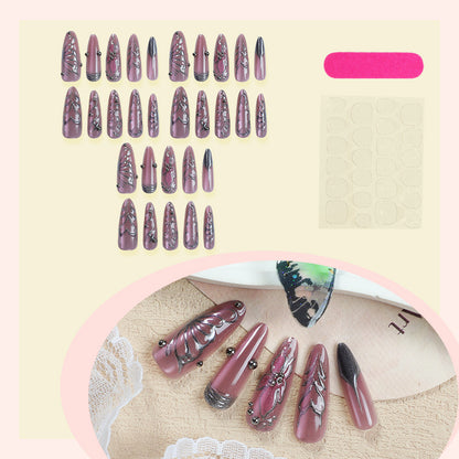 Artistic Press-On Nail Set with Intricate Floral Designs Acalora