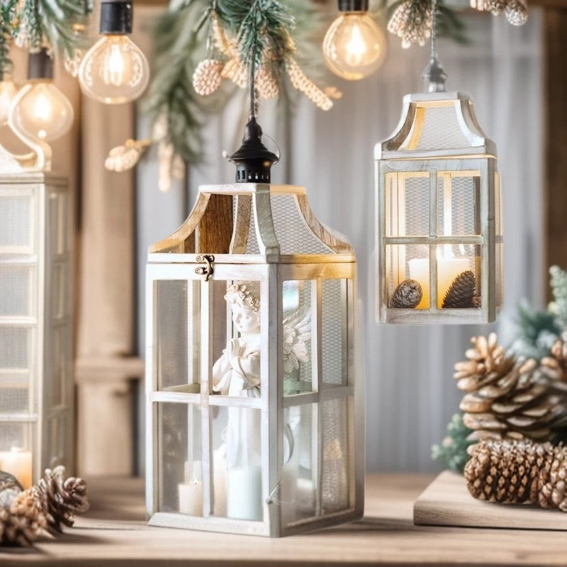 Rustic Windowpane Glass and Wood Candle Lantern with Hinged Door Acalora