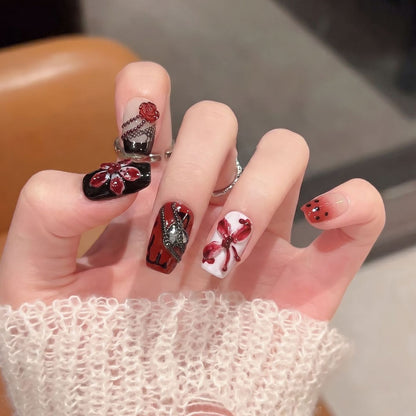 Artistic Nail Decoration Press-On Set with Unique Floral and Gemstone Designs Acalora