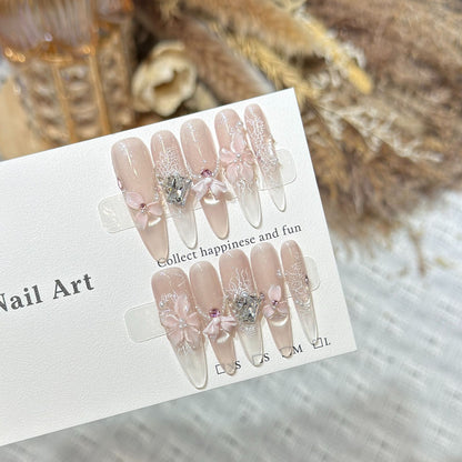 Decorative Press-On Nail Art Set with Floral and Gemstone Accents Acalora