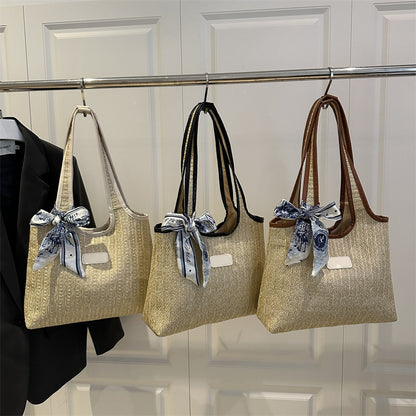 Textured Weave Tote Bag with Elegant Bow Acalora