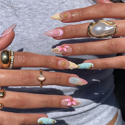 Artificial nail set with elegant floral design and glitter accents Acalora