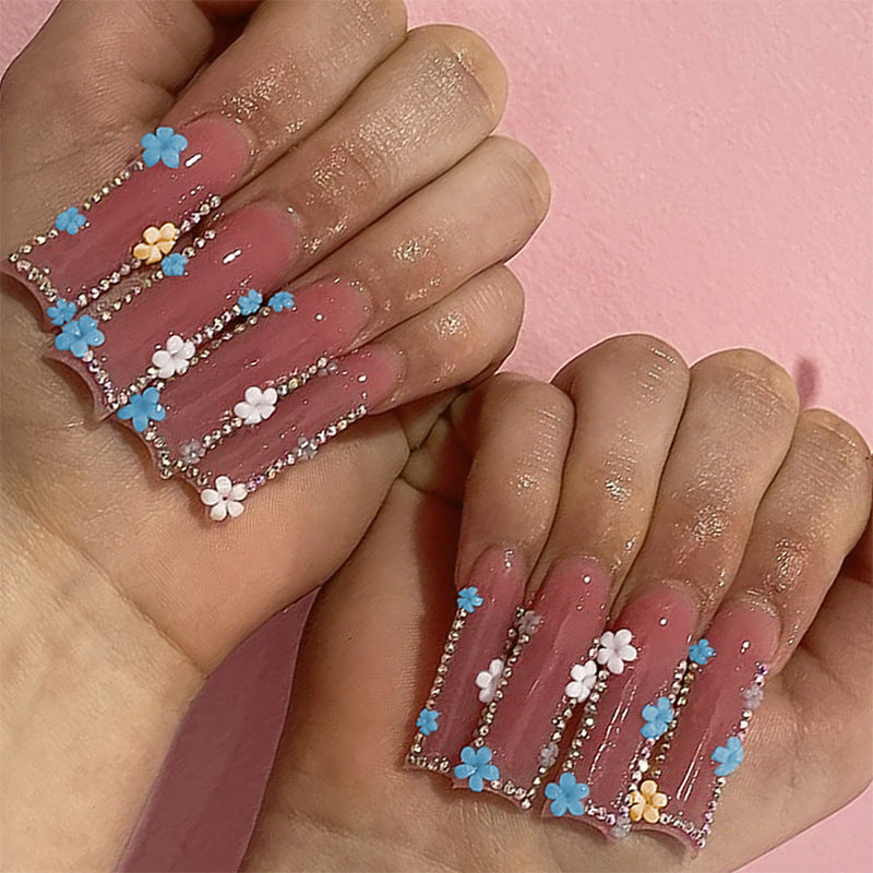 Decorative Press-On Nail Set with Floral and Gemstone Accents Acalora