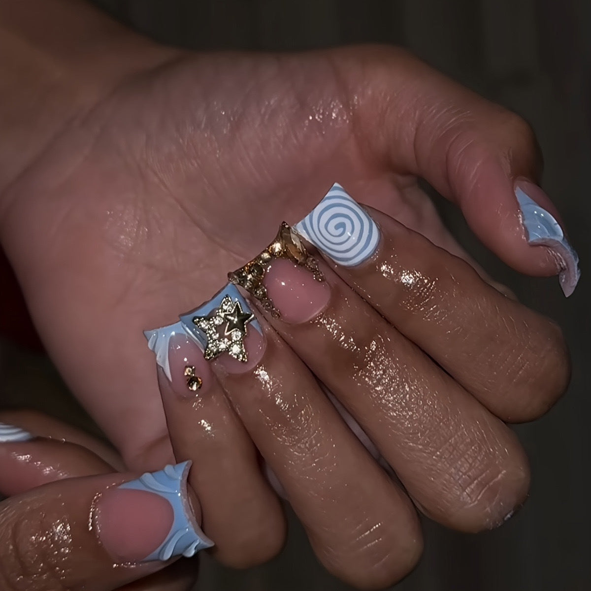 Artistic Long Press-On Nail Design with 3D Star Accents Acalora