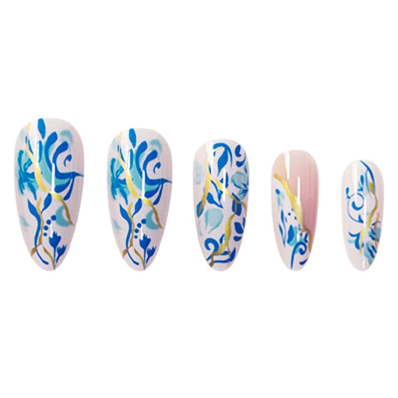 Artistic Floral Press-On Nail Design with Gold Accents Acalora