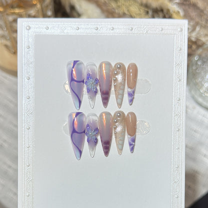 Artistic Stiletto Press-On Nail Design Set with Floral Elements Acalora