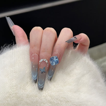 Artistic Ombre Press-On Nail Art Set with Butterfly and Gemstone Accents Acalora