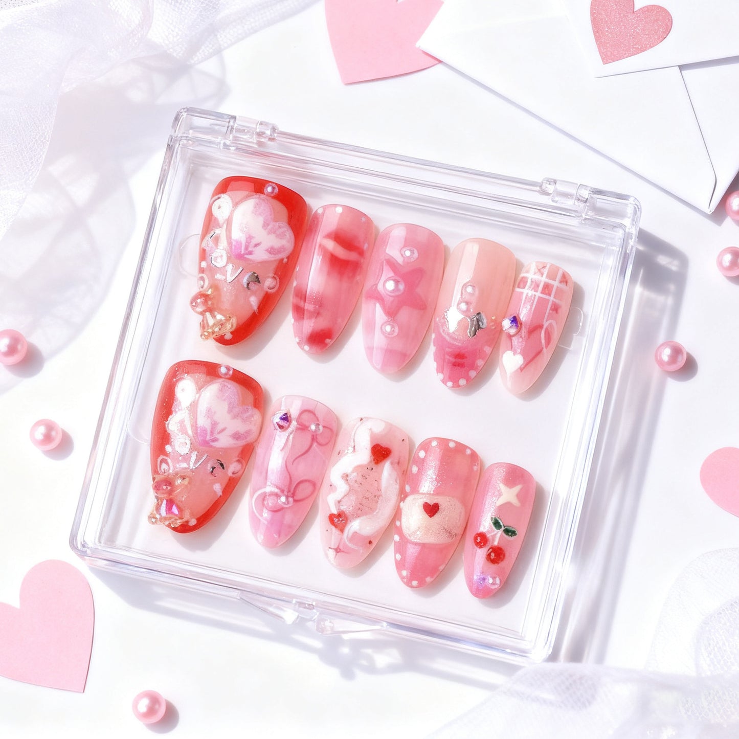 Decorative Heart-Themed Press-On Nail Set Acalora