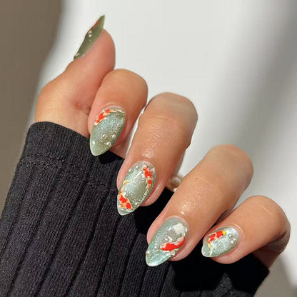 Decorative Press-On Nail Art Set with Koi Fish and Gem Accents Acalora