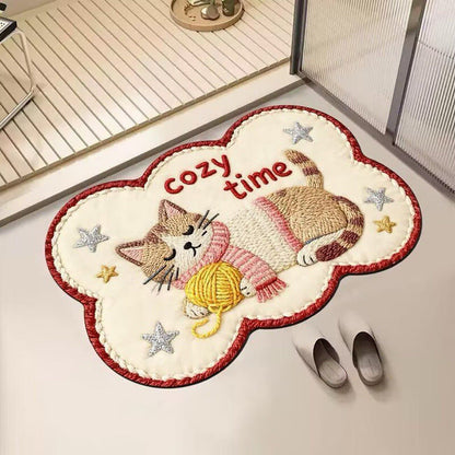 Embroidered Cat-Themed Bath Rug