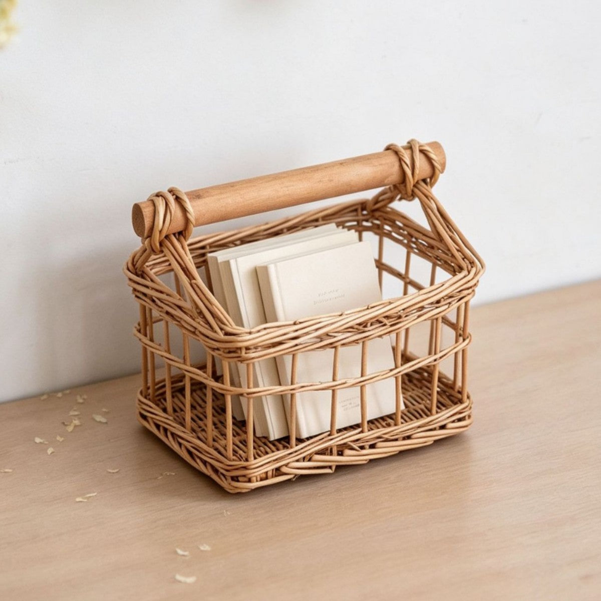 Handcrafted storage basket with wooden handle Acalora