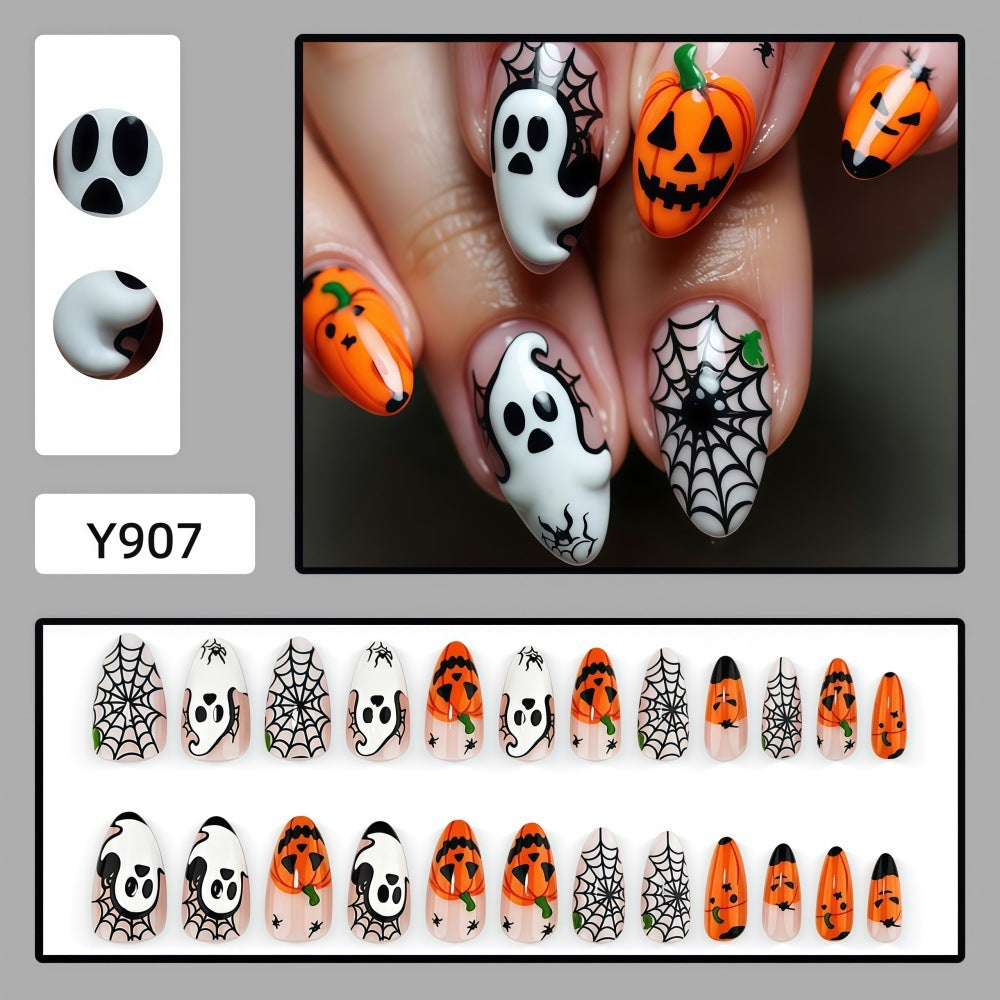 Halloween-themed artificial nails with spooky ghost and pumpkin design Acalora
